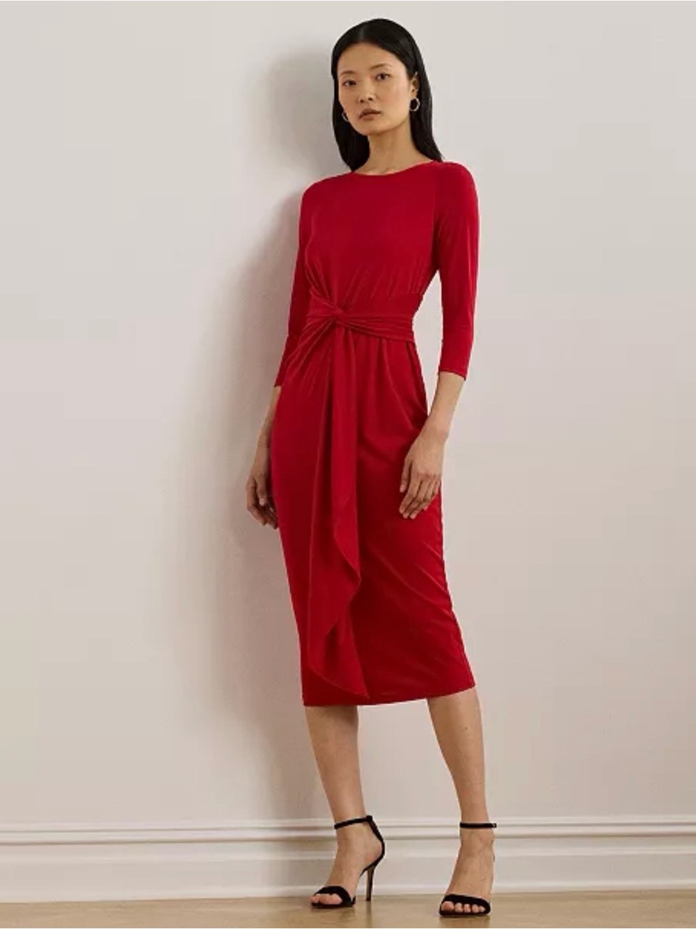 Lauren Ralph Lauren Womens Tie-Front Ribbed Crewneck Dress Medium Red NEW